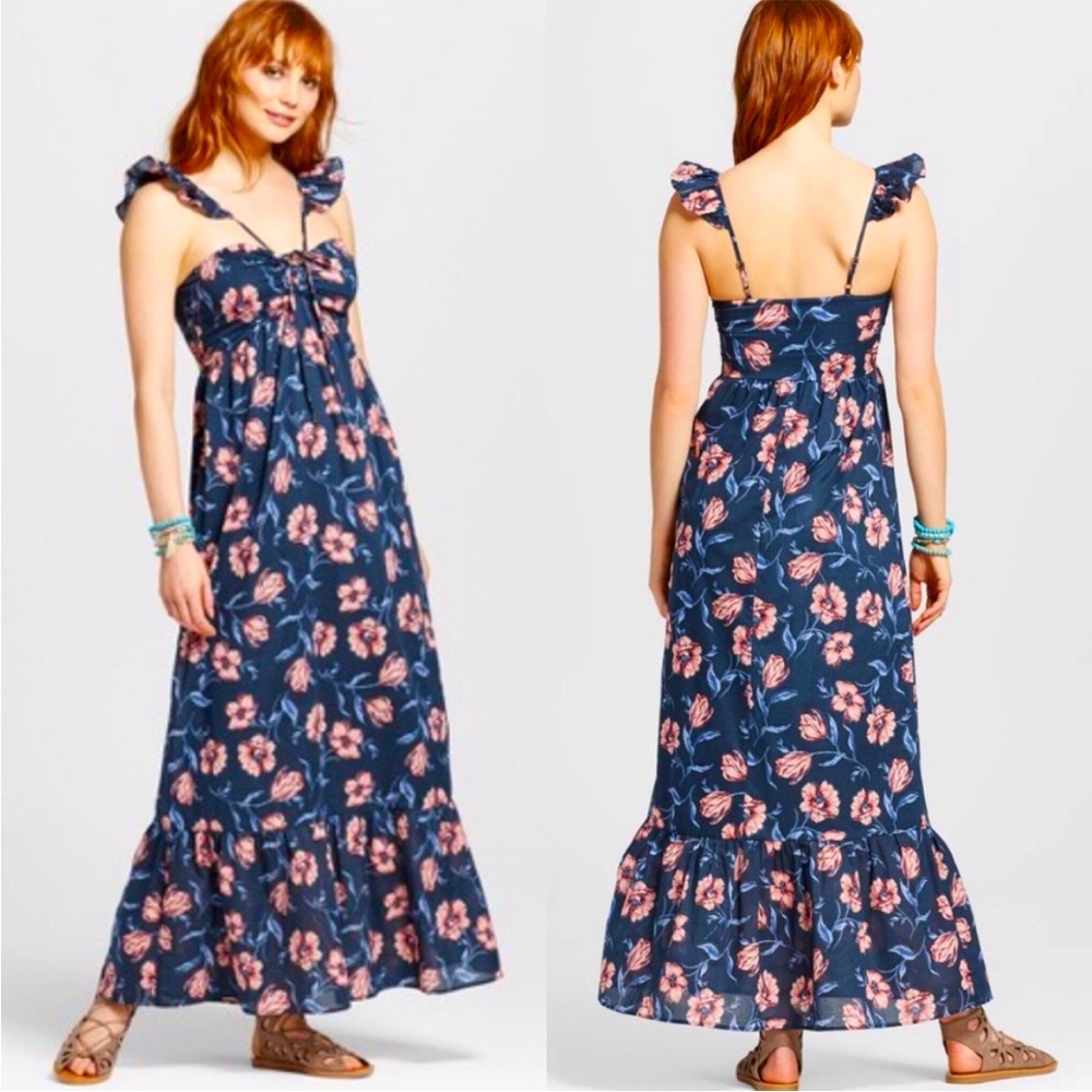 Xhiliration Floral Print Ruffle Navy Maxi Dress